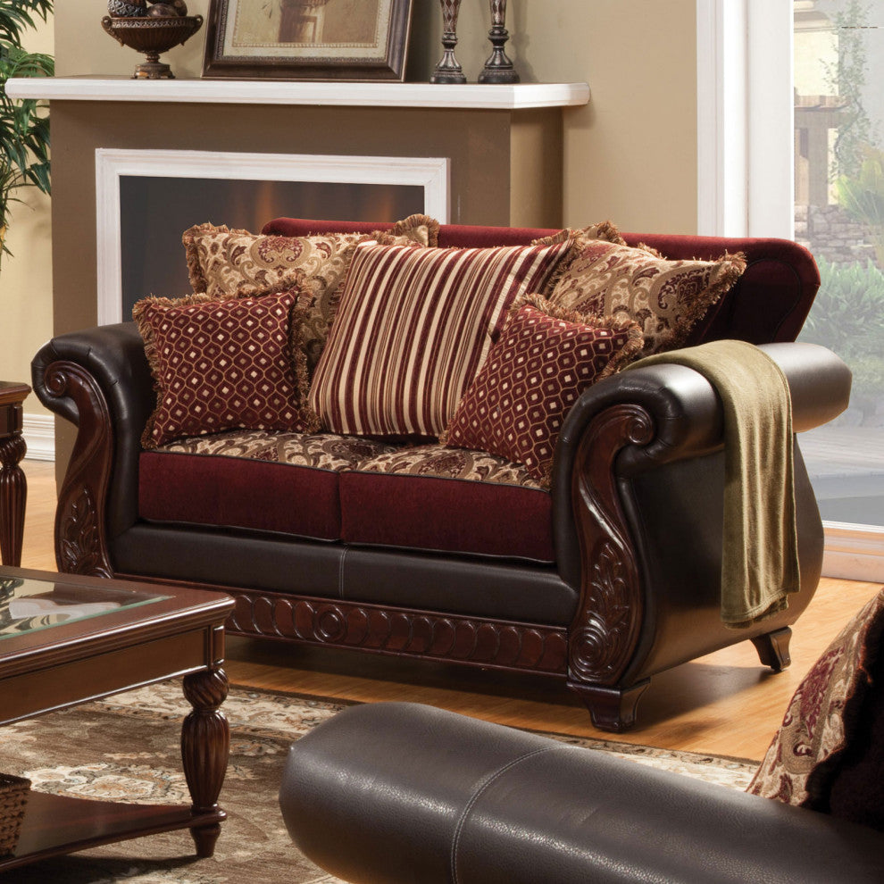 Fabric and Leatherette Love Seat with Rolled Arms Design, Burgundy