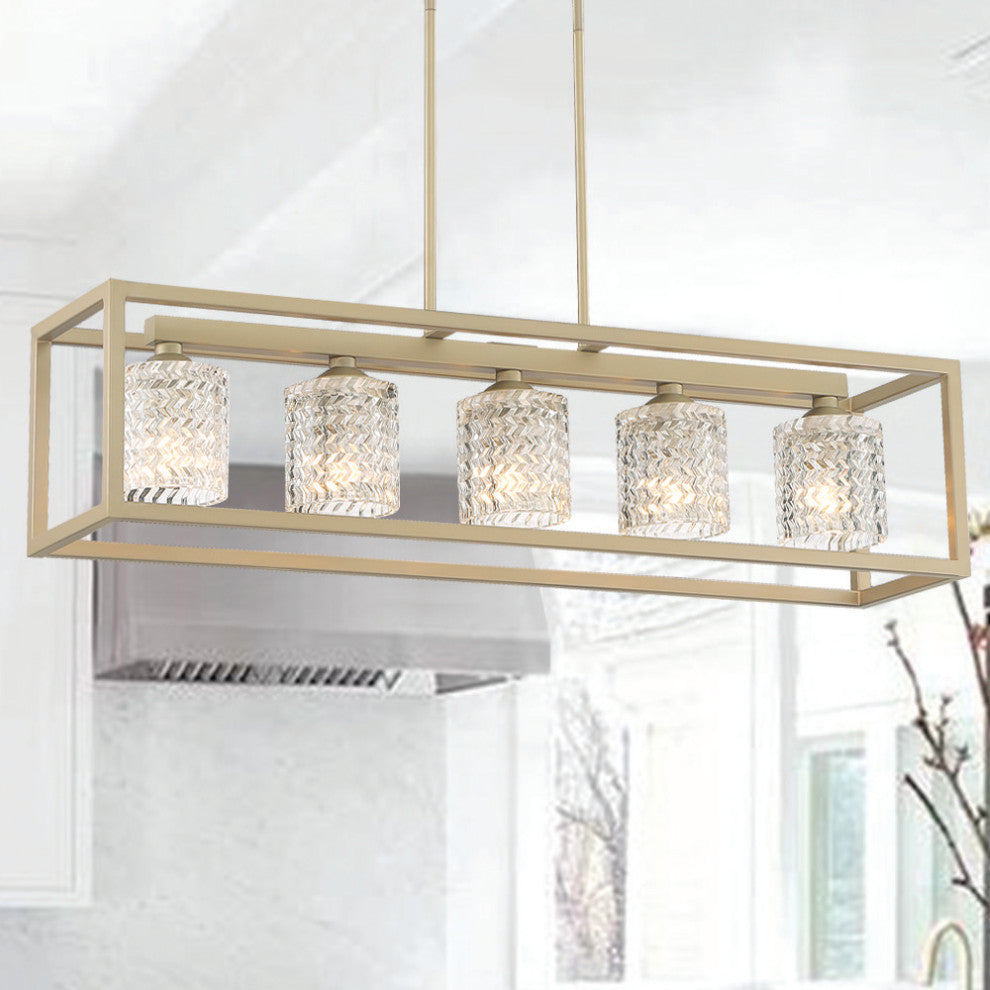 Vanity Art Modern Crystal Cut 5-Light Linear Pendant, Brass Dust