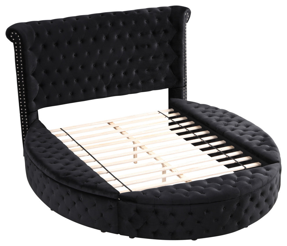Isabella Tufted Velvet Round Platform Bed With Storage, Black, California King