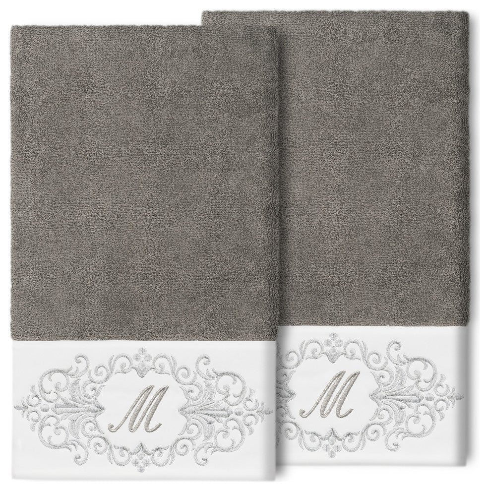 Linum Home Turkish Cotton Monica 2-Piece Embellished Bath Towel Set, Dark Gray