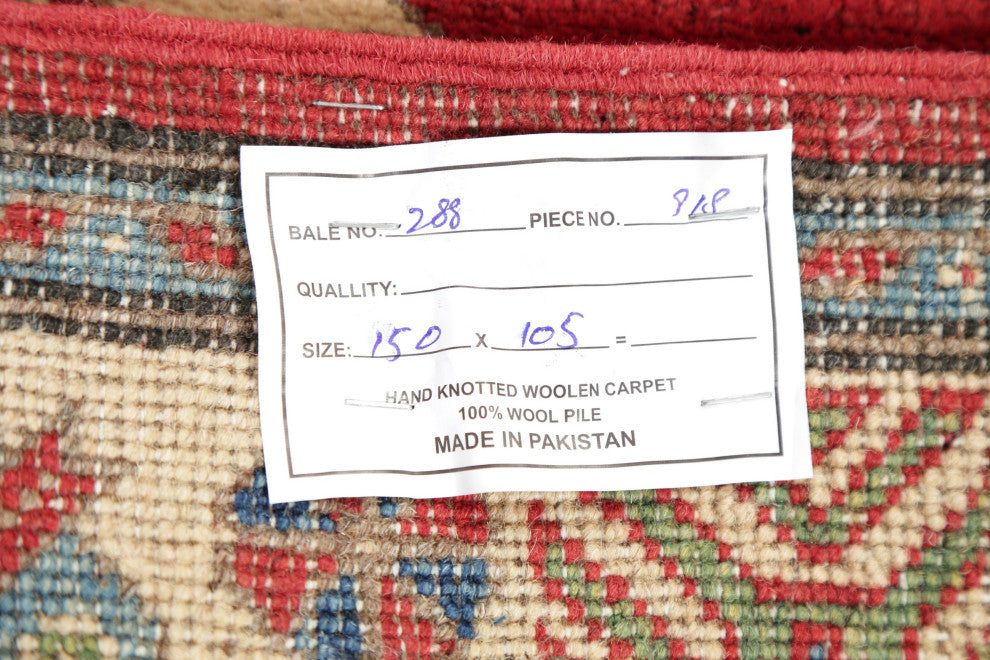 Hand Made Kazak Oriental Traditional Pakistani Area Rug, Red, 4'11"x3'5