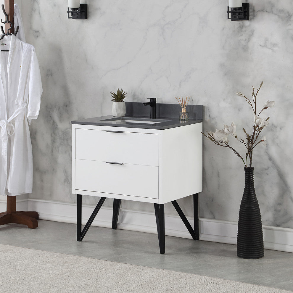 Helios Vanity With Gray Countertop, White, 30", No Mirror