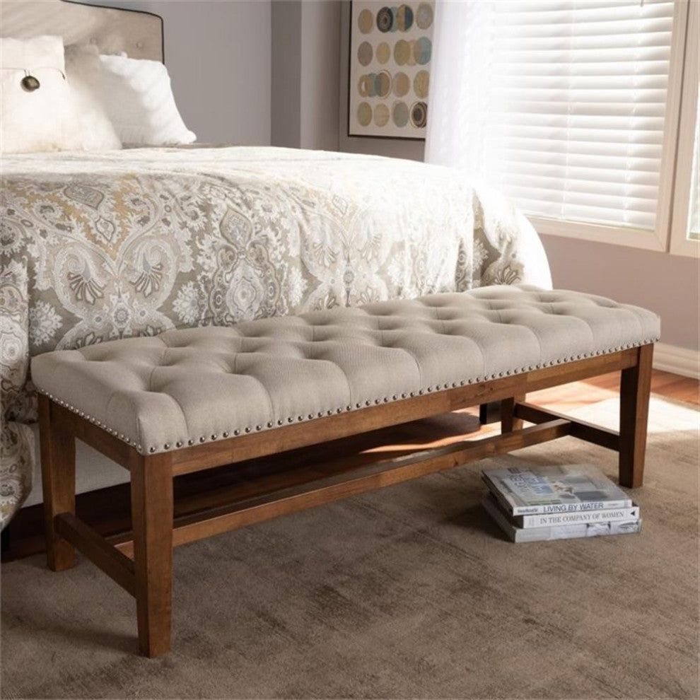 Ainsley Light Beige Upholstered Walnut Solid Rubberwood Bench