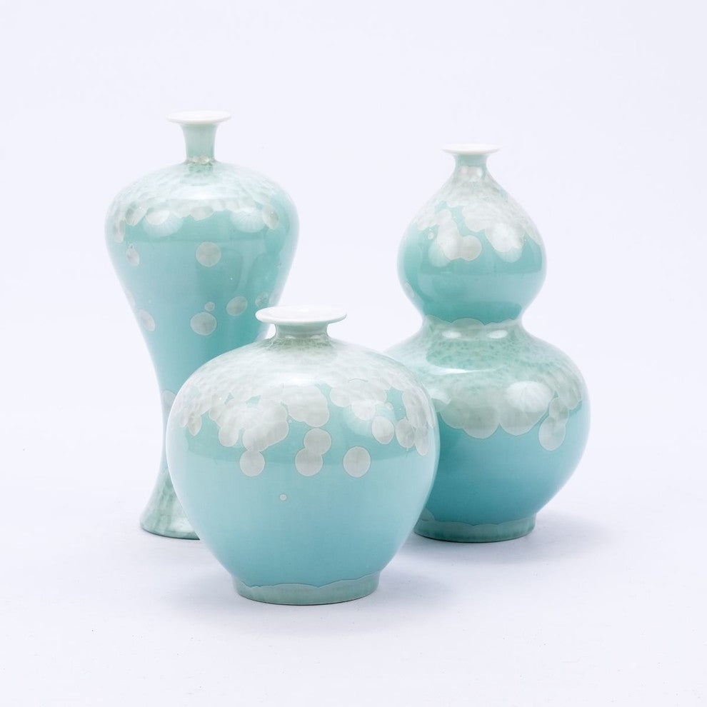 Chinoiserie Green Crystal Shell Porcelain Vases, Set of 3