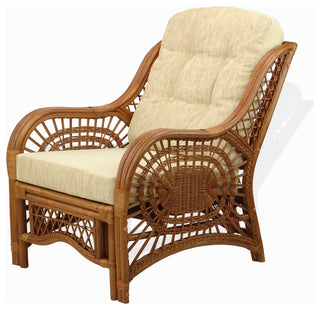 Malibu Lounge Armchair, Natural Rattan Wicker Handmade, Colonial, Cream Cushions