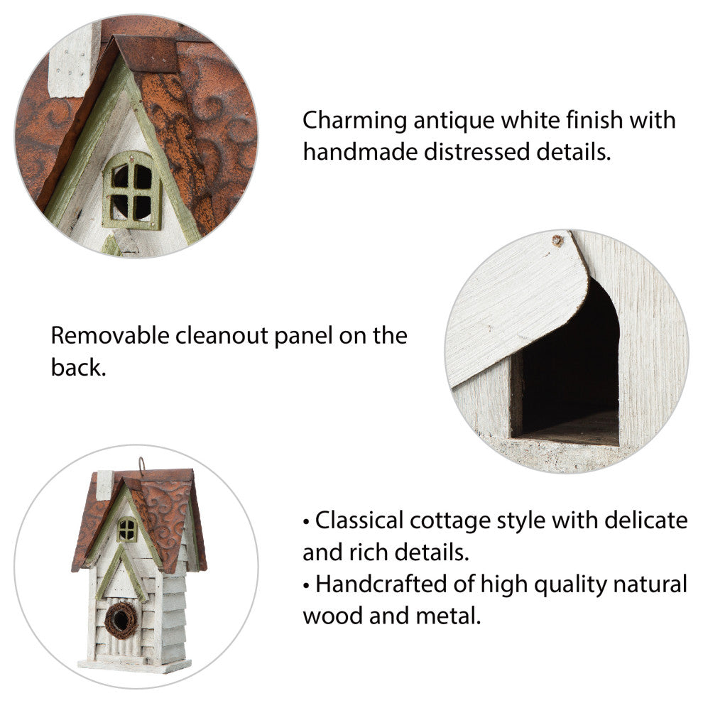 12"H Washed White Distressed Solid Wood Cottage Birdhouse