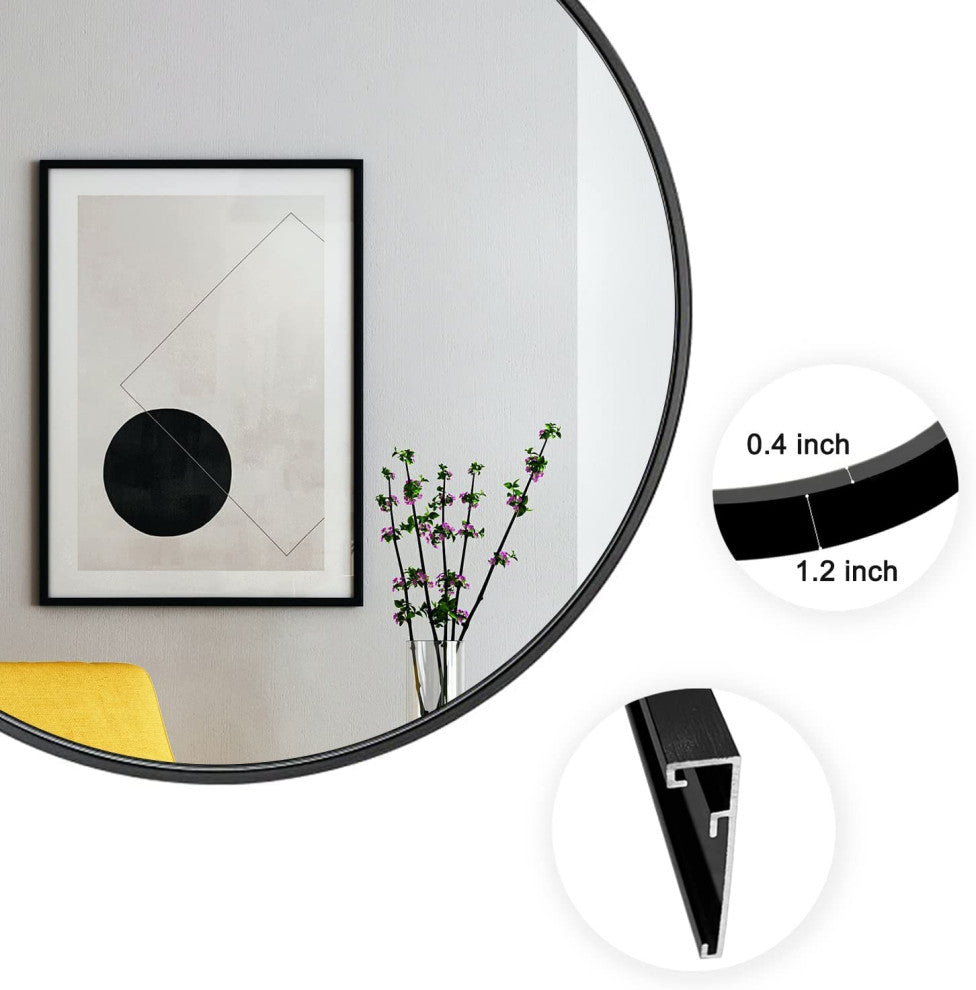 Round Aluminium Framed Wall Mounted Mirror in Black, Black, 36"