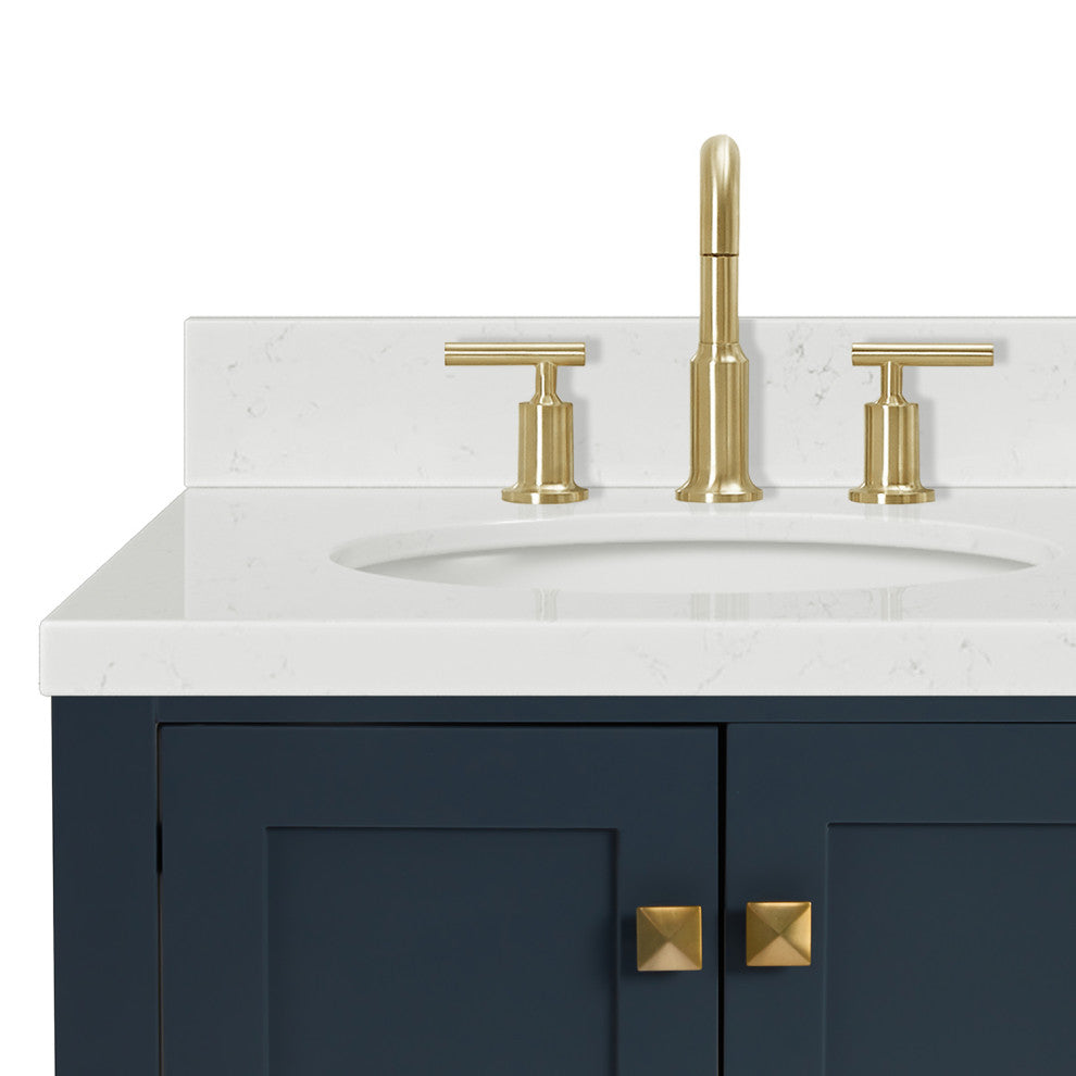 Ariel Cambridge 36" Left Offset Single Oval Sink Vanity, Carrara Quartz, Midnight Blue