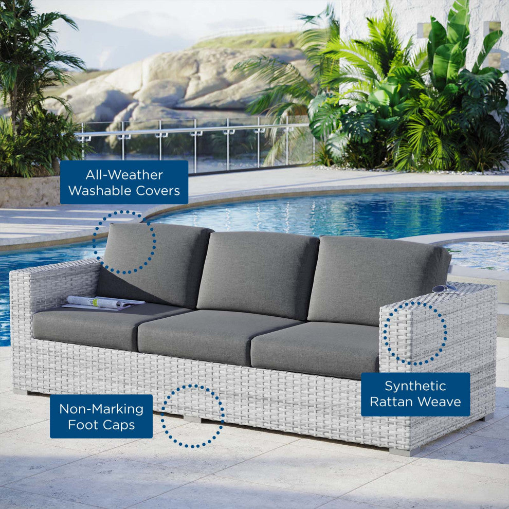 Lounge Sofa, Rattan, Wicker, Gray, Outdoor Patio Balcony Cafe Bistro Garden