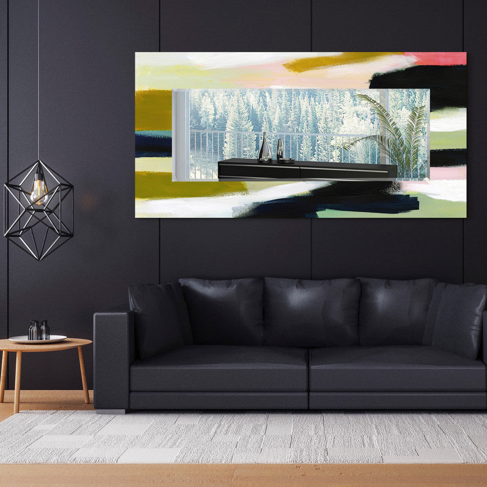 Sunder Rectangular Beveled Wall Mirror on Free Floating Printed Tempered Glass