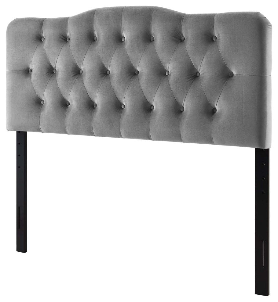 Contemporary Modern Full Size Tufted Headboard, Velvet Fabric, Grey Gray
