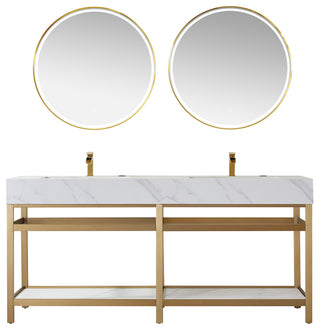 Bilbao Vanity with Metal Bracket & Stone Top, Brushed Gold, 72", With Mirror