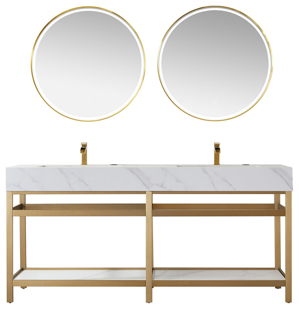 Bilbao Vanity with Metal Bracket & Stone Top, Brushed Gold, 72", With Mirror