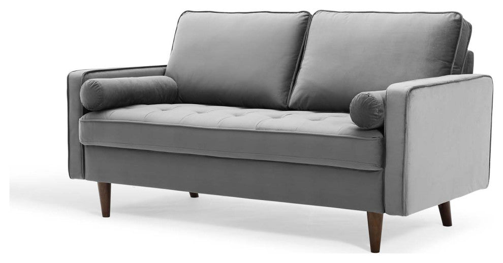 Loveseat Sofa, Velvet, Gray, Modern, Living Lounge Hotel Lobby Hospitality