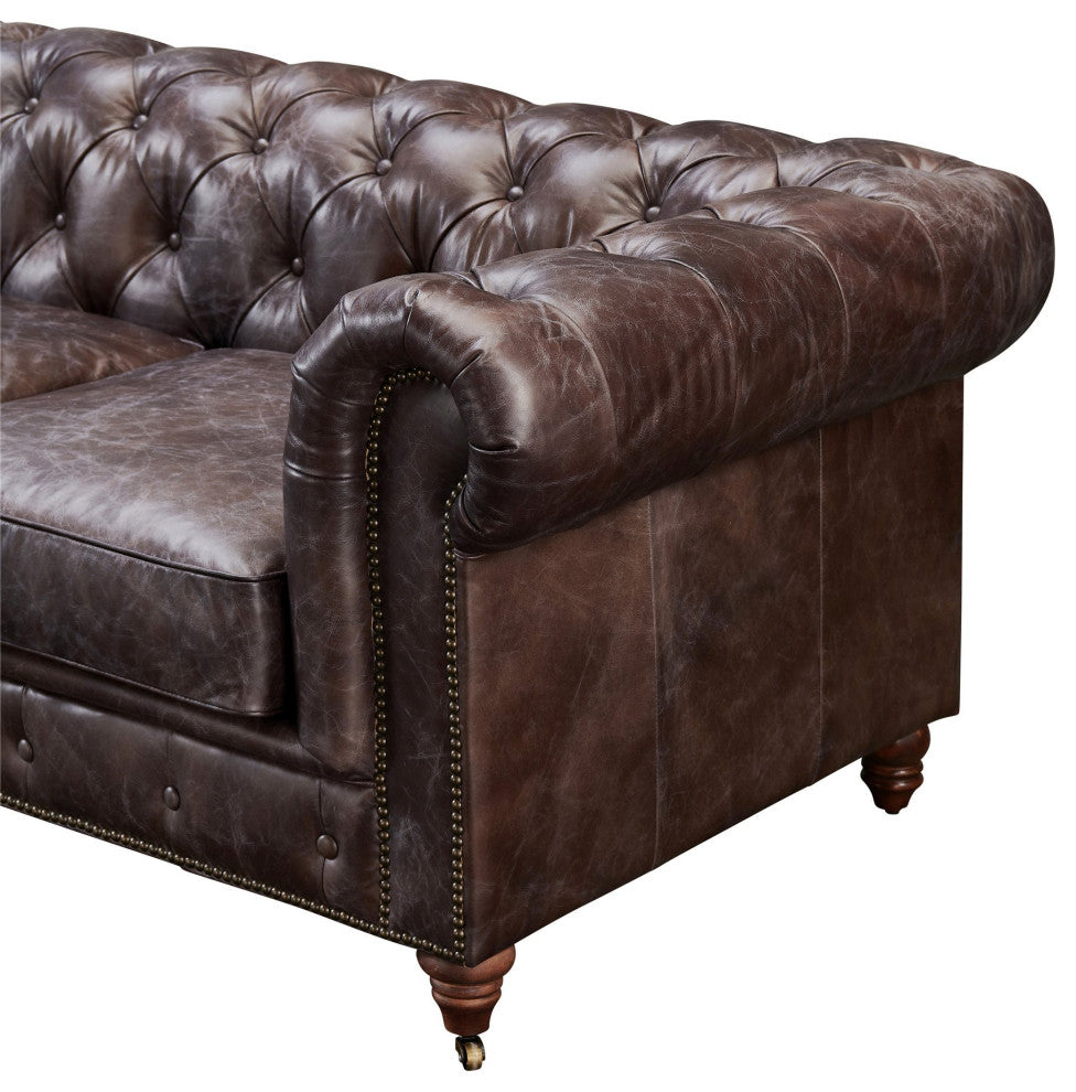 Crafters and Weavers Century Chesterfield Sofa - Bark Brown Leather - 118", Dark