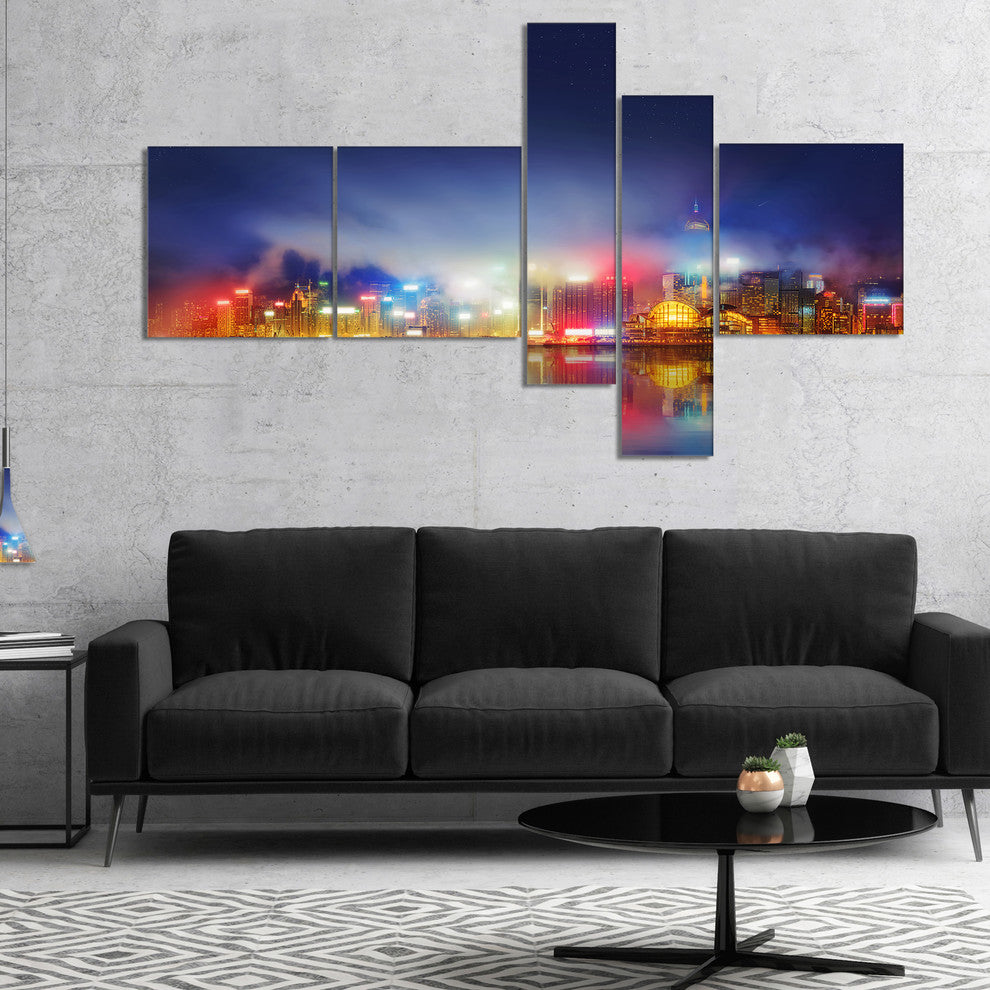 Colorful Hong Kong Skyline, Cityscape Photo Canvas Print, 60"x32", 5 panels