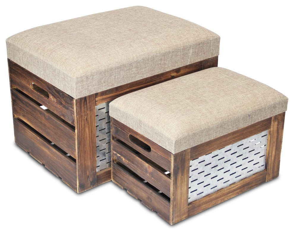 Storage Benches, Brown, Galvanized Olive Bucket, 2-Piece Set