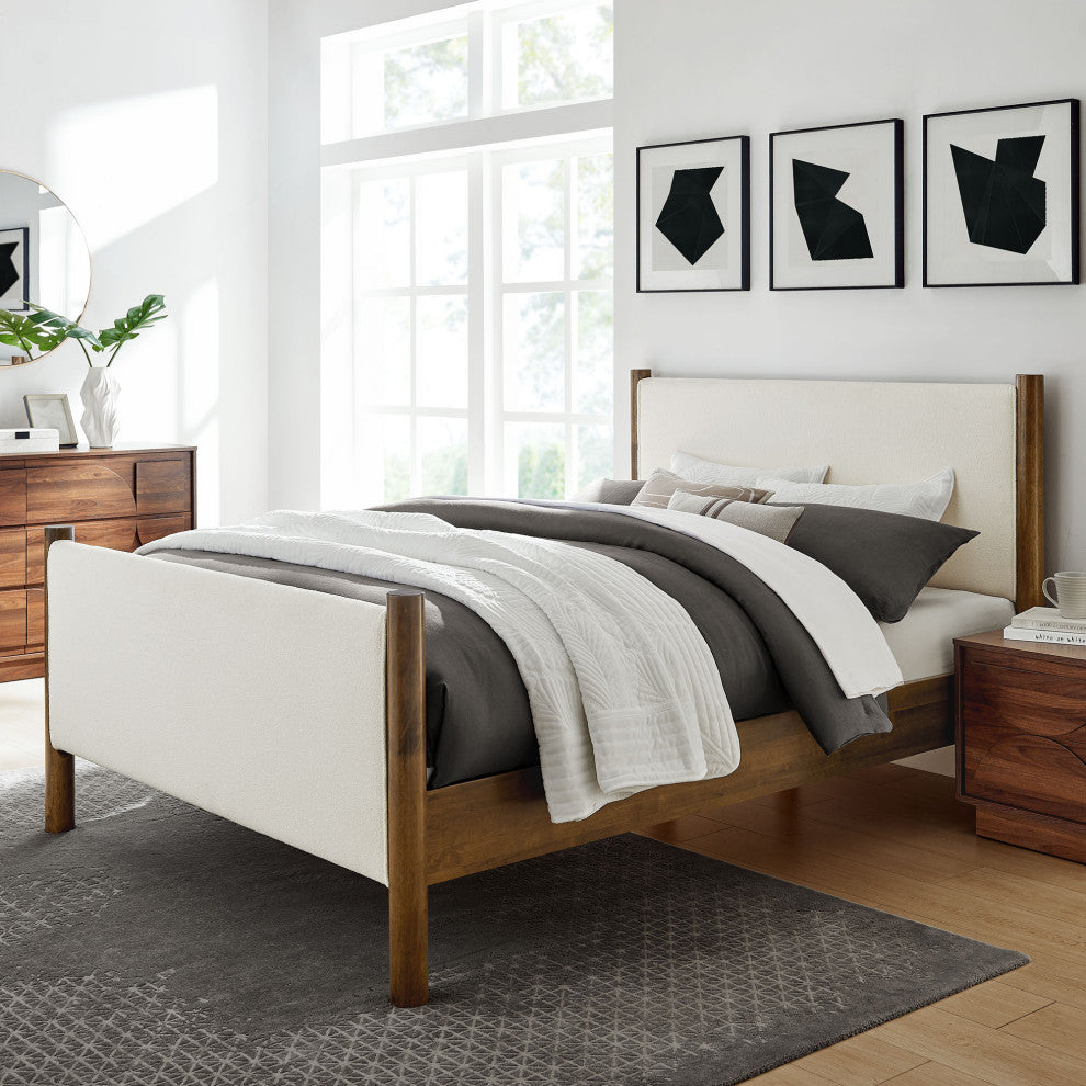 Maven Full Size Boucle Upholstered Platform Bed, Feather Walnut