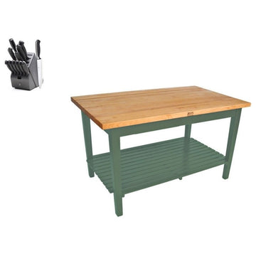 John Boos Maple Classic Country Table 60x25 and Henckels Knife Set, Basil, One Shelf, Drawer, No Casters