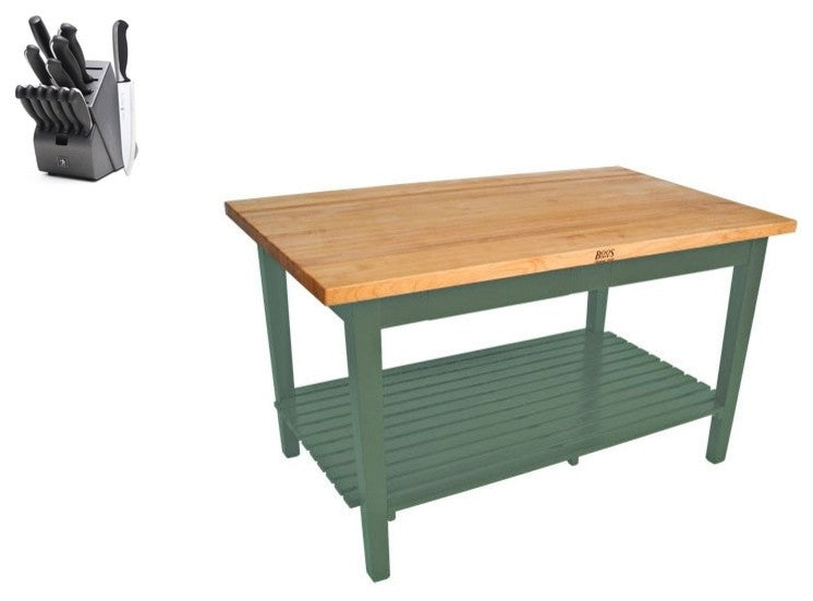 John Boos Maple Classic Country Table 60x25 and Henckels Knife Set, Basil, One Shelf, Drawer, No Casters