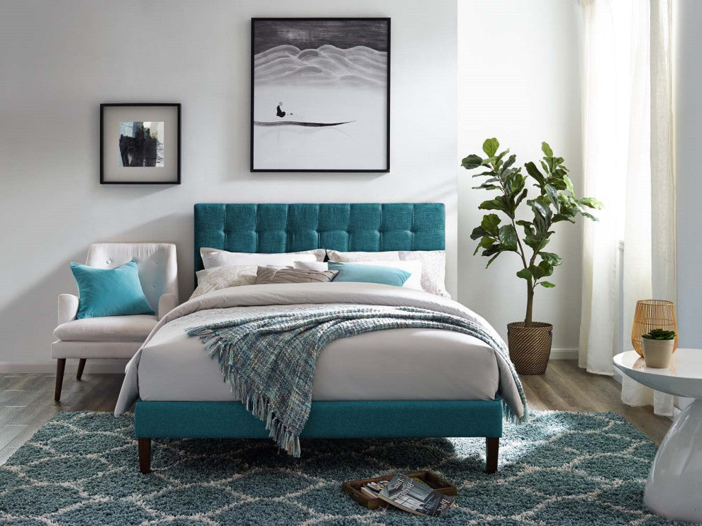Contemporary Modern Bedroom Twin Size Tufted Headboard, Fabric, Aqua Blue