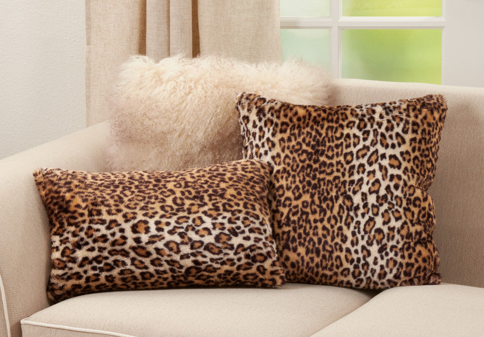 Faux Fur Down-Filled Throw Pillow With Cheetah Print, Brown, 12"x20"