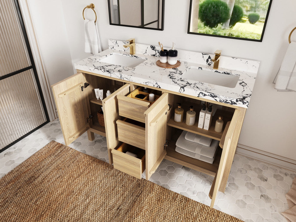 Elizabeth Oak 60" Double Sink Vanity, White 2" Calacatta Laza