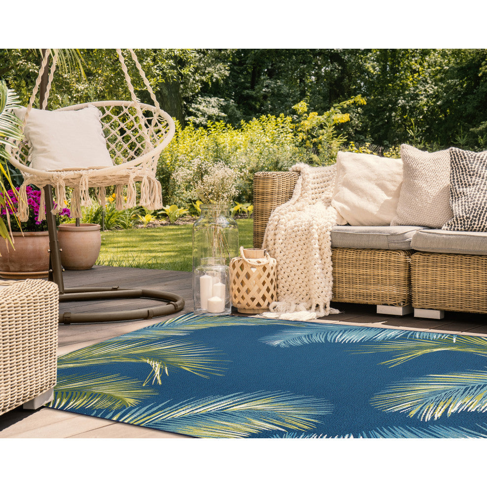 Marina Palm Border Indoor/Outdoor Rug, Navy, 6'6"x9'3"