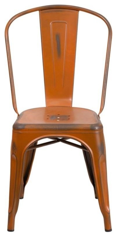 Distressed Metal Indoor Stackable Chair, Orange, 17.75"x20"x33.50"