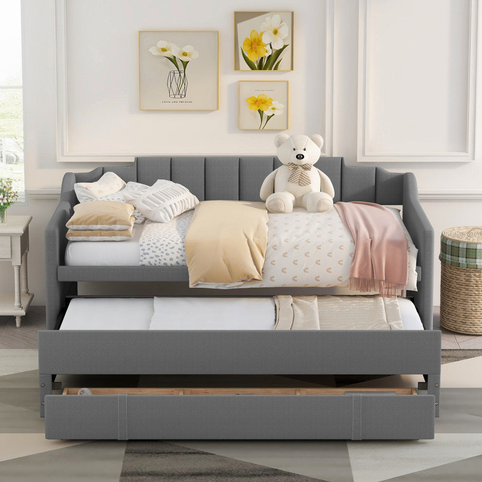 Gewnee Twin Size Upholstered Daybed with Trundle and Three Drawers in Grey