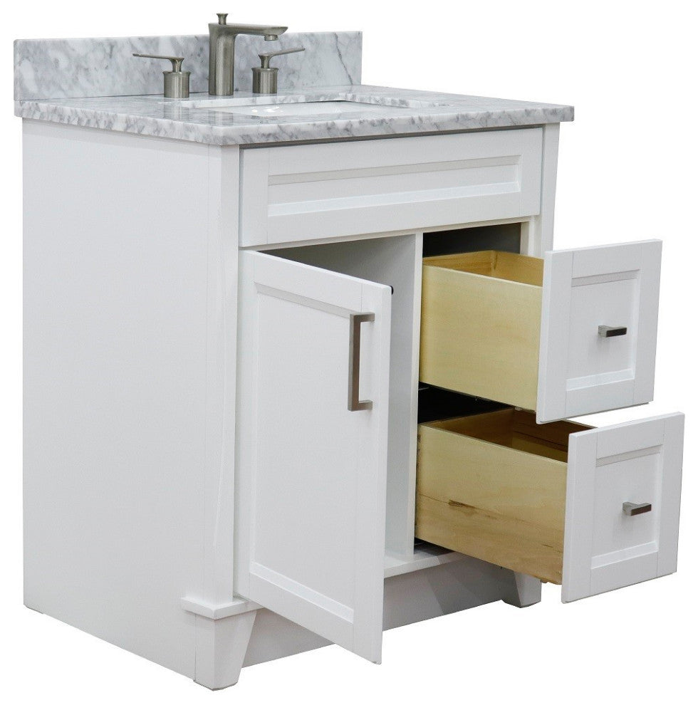 31" Single Sink Vanity, White Finish With White Carrara Marble