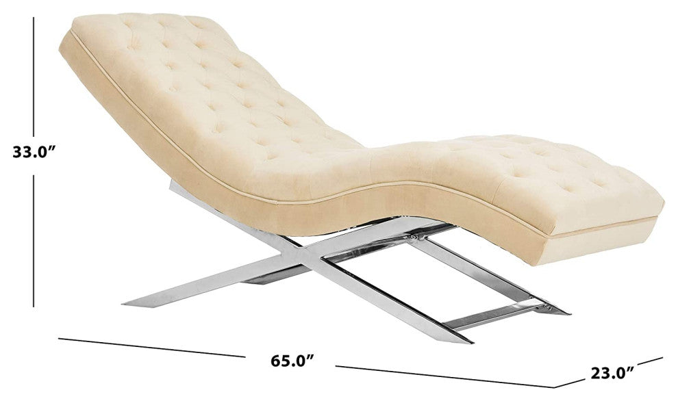 Modern Beige Velvet and Chrome Chaise with Headrest Pillow