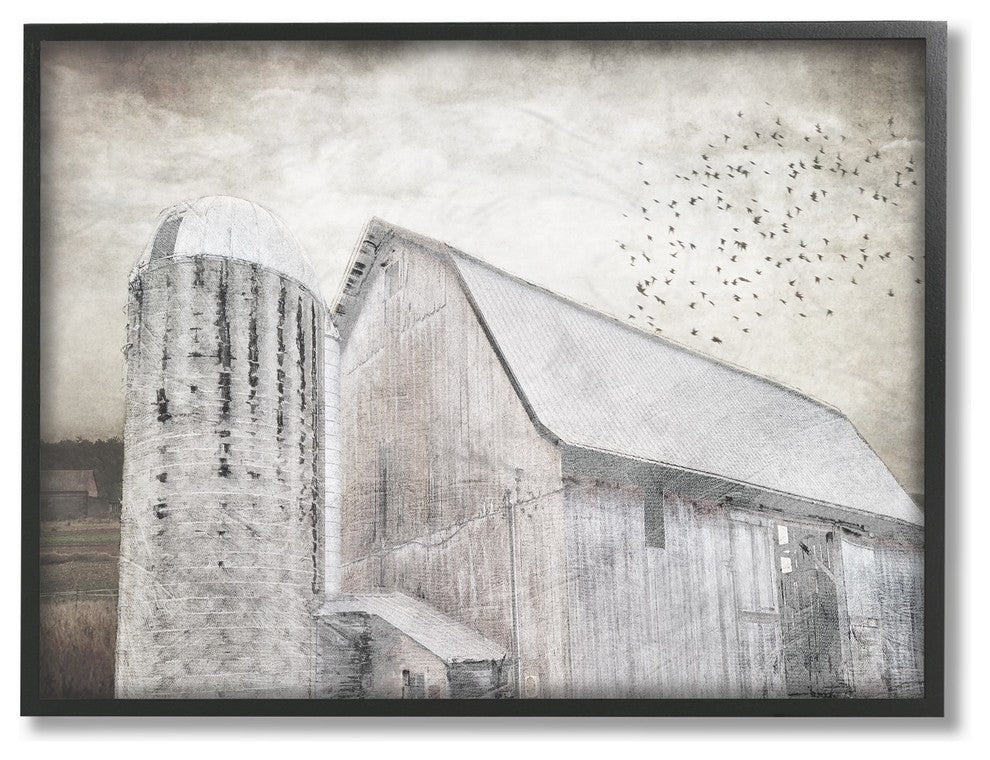 Farm Grainhouse Black & White Distressed Textures Framed Giclee Art, 16"x20"