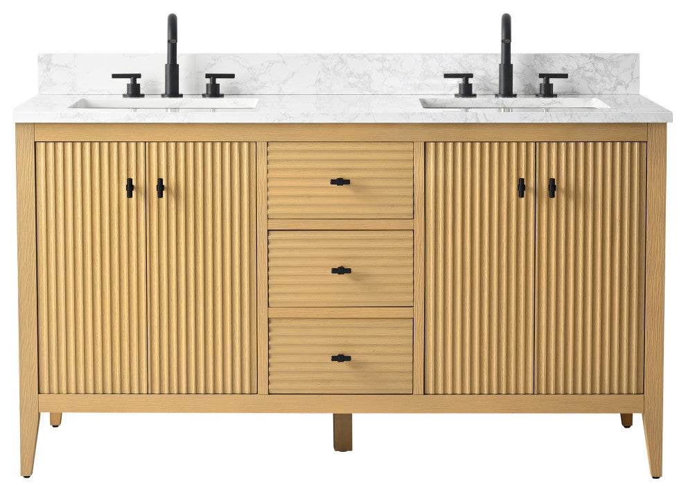 Vanity Art Freestanding Vanity, Natural Oak, 60", Double Sink, Matte Black