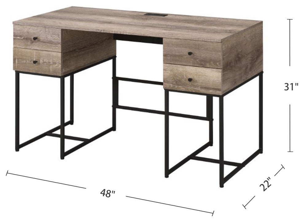 4 Drawers Writing Desk, Rustic Oak and Black Finish