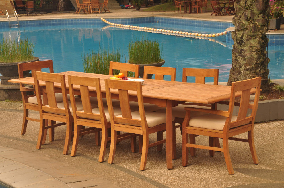 9-Piece Outdoor Teak Dining Set, 117" Extension Rectangle Table, 8 Osbo Chairs