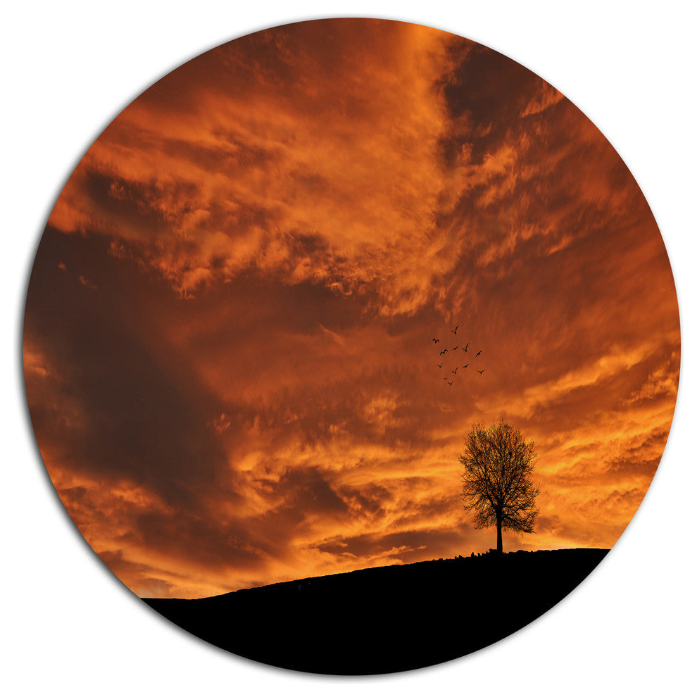 Lonely Tree Under Brown Sky, Landscape Round Metal Wall Art, 11"