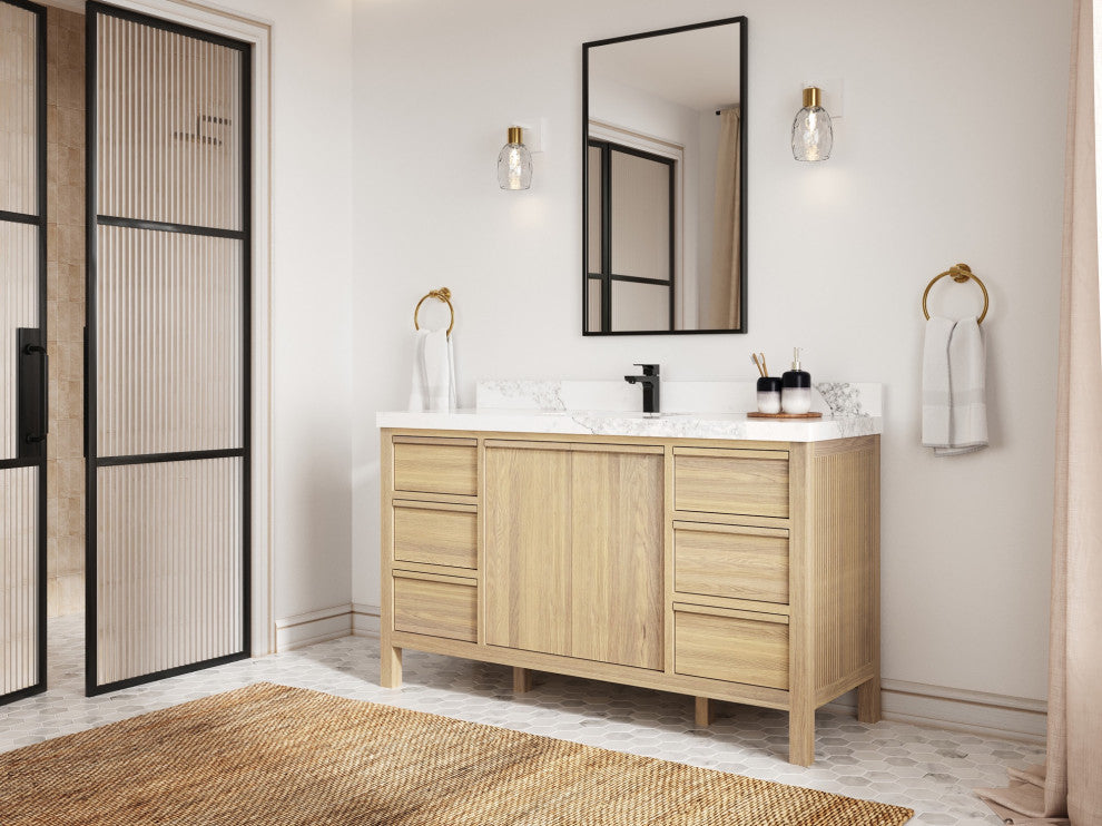 Elizabeth Oak 60" Single Sink Vanity, White 2" Viola Brown