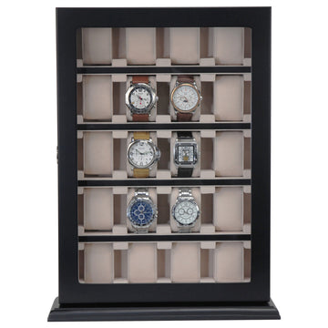 20 Piece Black Ebony Wood Watch Display Wall Hanging Case and Storage Organizer