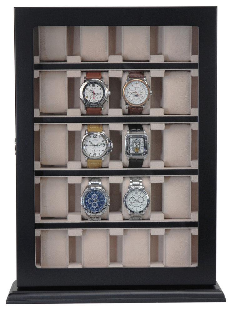 20 Piece Black Ebony Wood Watch Display Wall Hanging Case and Storage Organizer