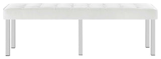 Loft Tufted Large Upholstered Faux Leather Bench Silver White