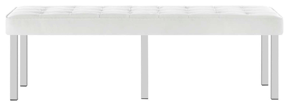 Loft Tufted Large Upholstered Faux Leather Bench Silver White