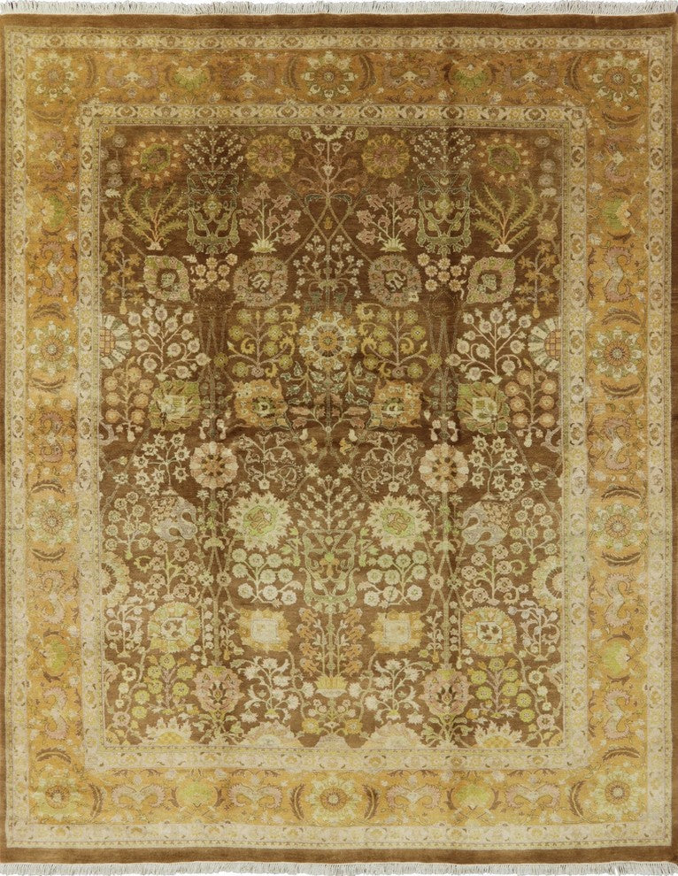 Oushak Peshawari Quality Brown Chobi Hand-Knotted Wool Rug, 8'x10'