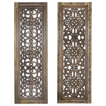 Floral Hand Carved Wooden Wall Panels, Assortment Of Two, Brown