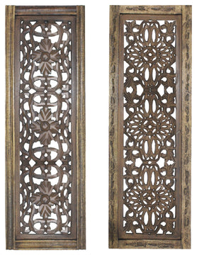 Floral Hand Carved Wooden Wall Panels, Assortment Of Two, Brown