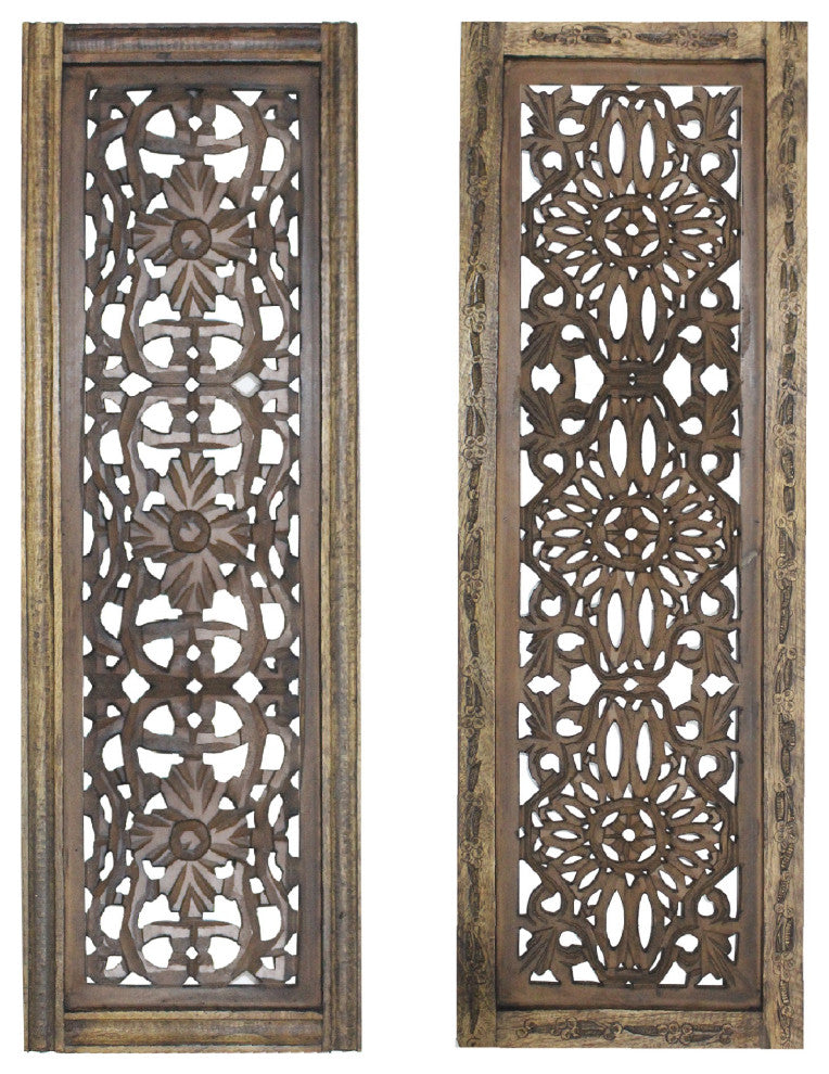 Floral Hand Carved Wooden Wall Panels, Assortment Of Two, Brown