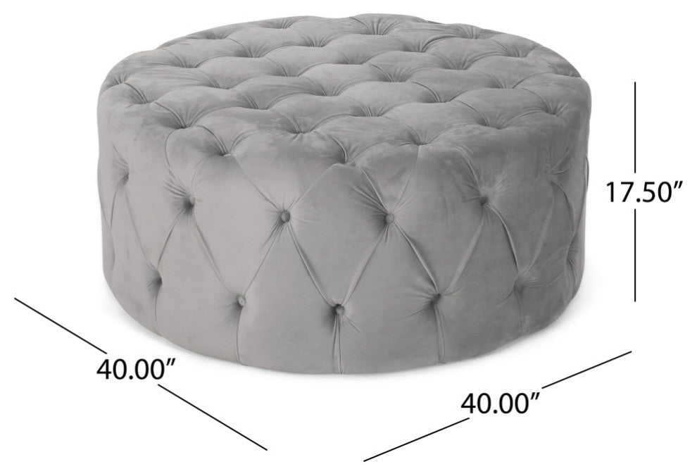 GDF Studio Limosa Round Tufted Velvet Ottoman, Gray