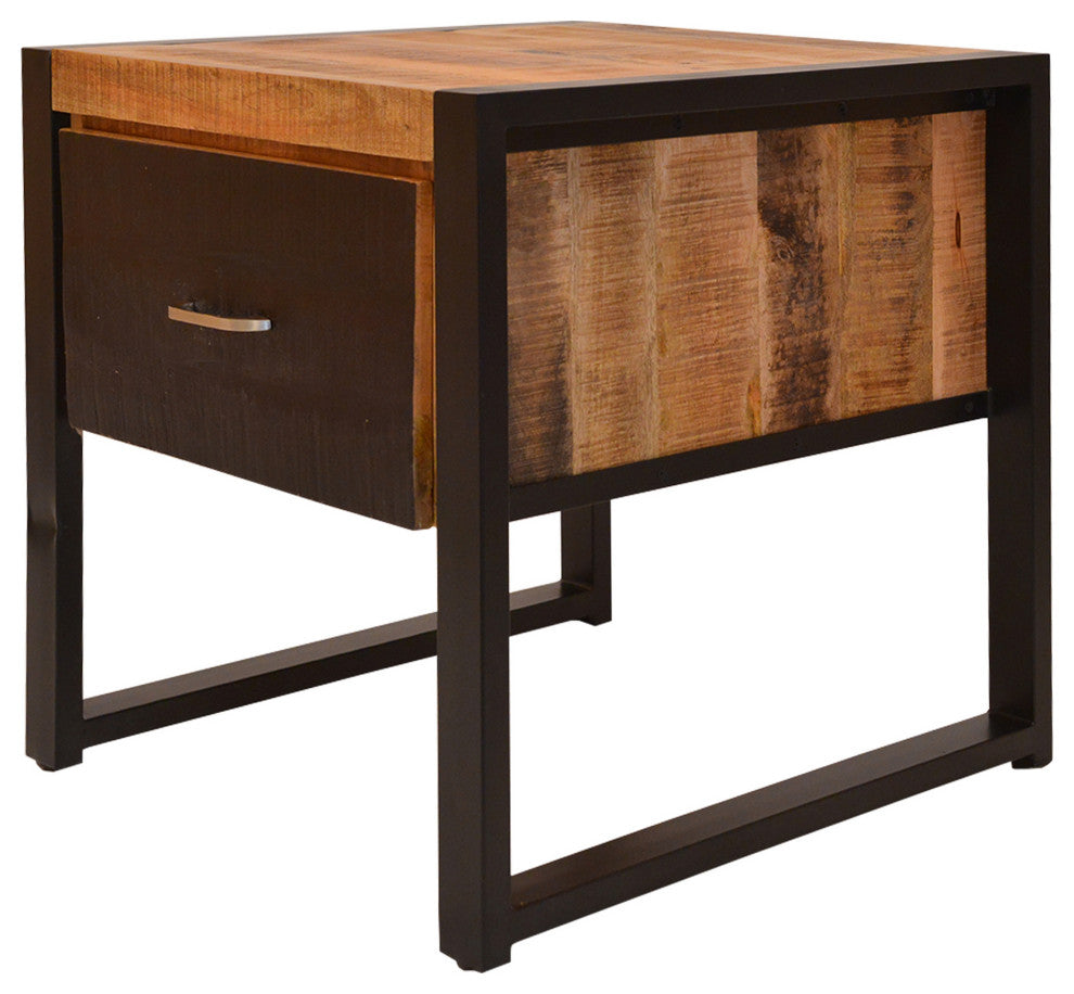24 Inch Single Drawer Wooden Side Table with Metal Frame, Brown and Black
