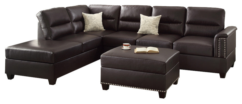Benzara Bonded Leather Wooden Three Pieces Sectional Set, Espresso Brown