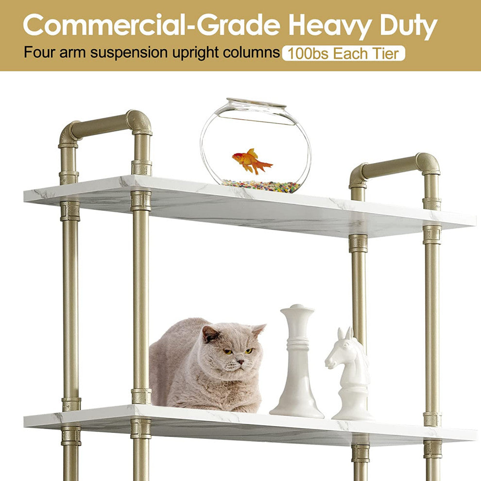 White Marble Wood Bookcase with Gold Metal Pipe Frame